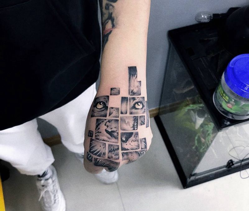 手背纹身图片_成品手部欧美几何动物纹身图案