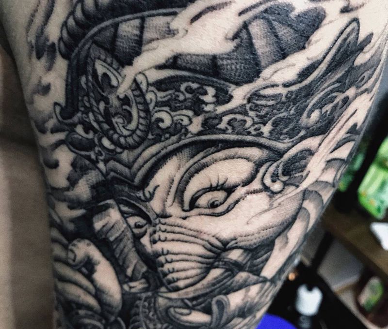 象战神纹身图片_成品手臂传统鬼神纹身图案