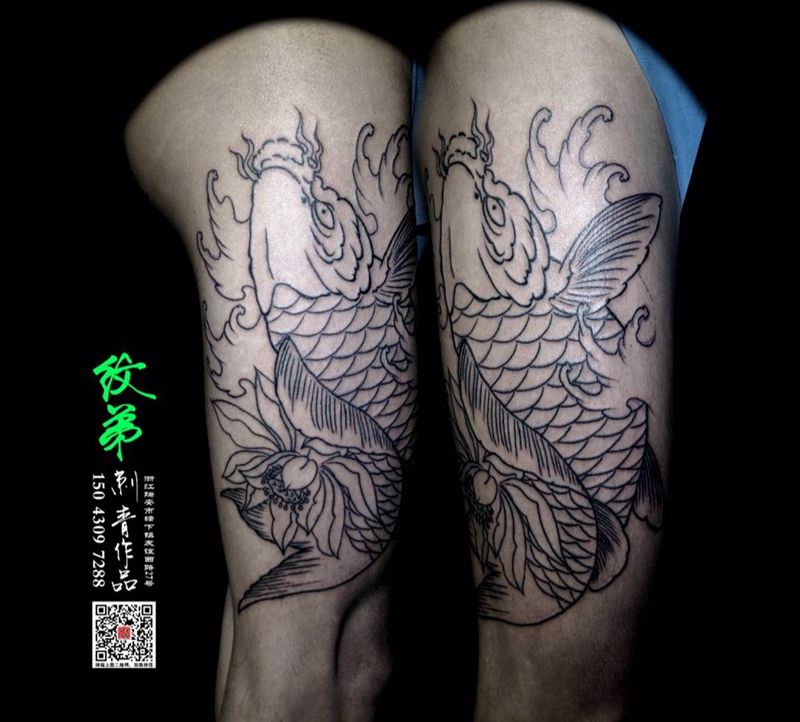 大腿鲤鱼第二次纹身图片_腿部传统动物纹身图案