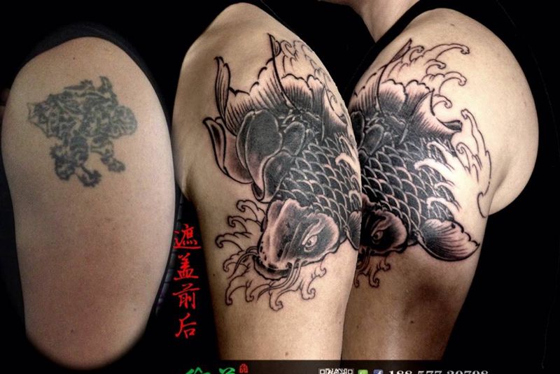 和美有余纹身图片_成品肩部手臂传统动物纹身图案