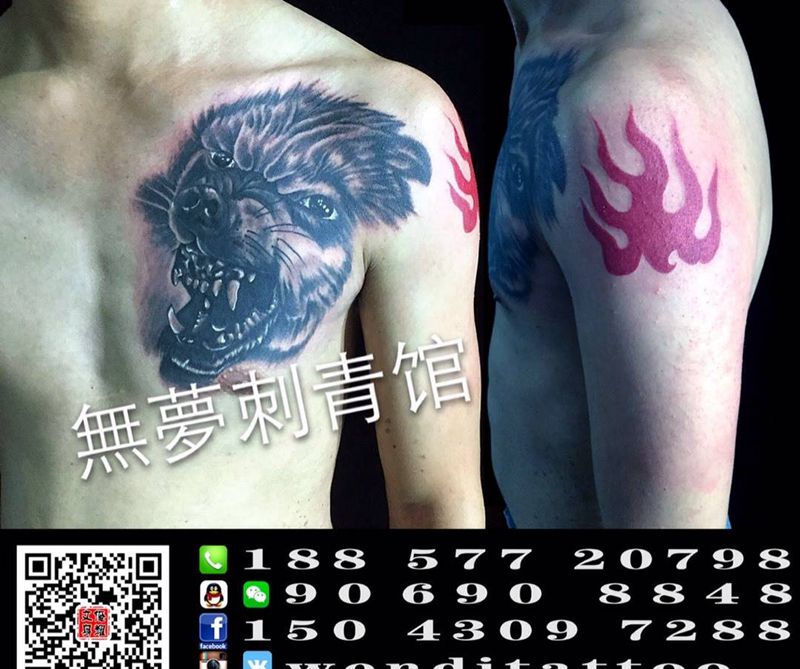 狼头纹身图片_成品胸部手臂欧美动物纹身图案