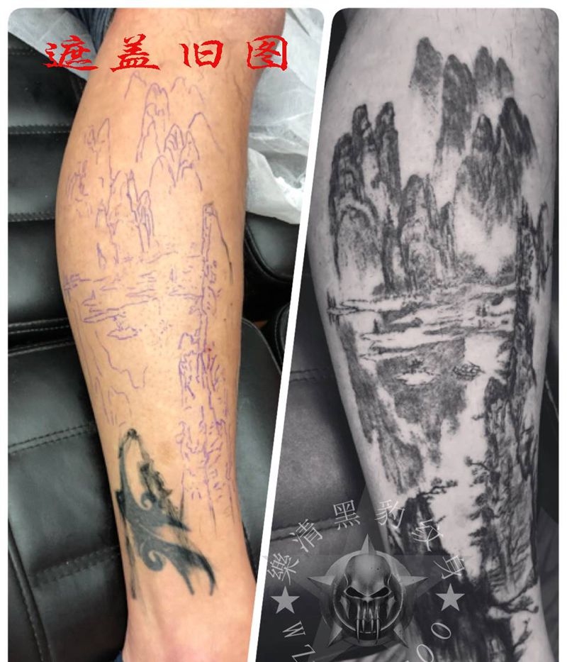 山水纹身图片_腿部脚部纹身图案