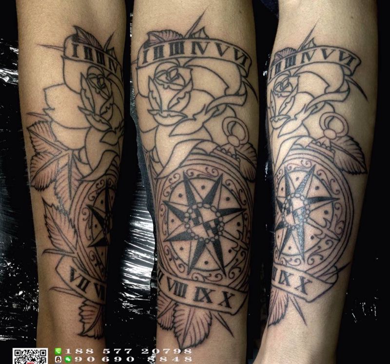 指南针与花纹身图片_成品手臂欧美传统植物静物纹身图案