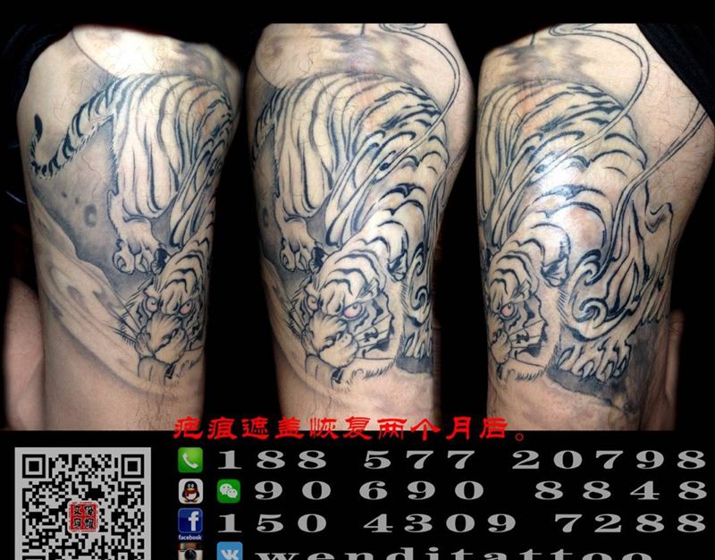 饮水虎~无上原画纹身图片_成品腿部国画传统动物纹身图案