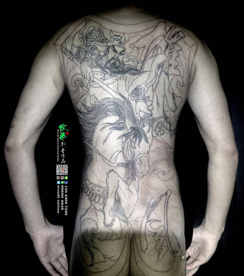 大悲战马关公 割线纹身图片_背部腰部腿部传统肖像人物动物字符纹身图案