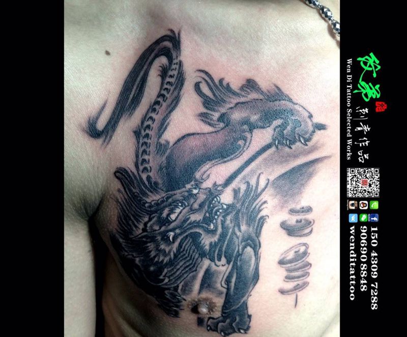 招财貔貅纹身图片_成品胸部传统动物纹身图案