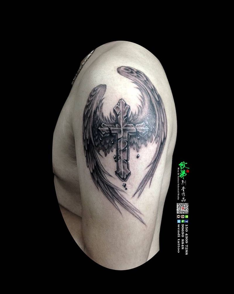 臂膀✟十字架纹身图片_成品手臂欧美宗教纹身图案