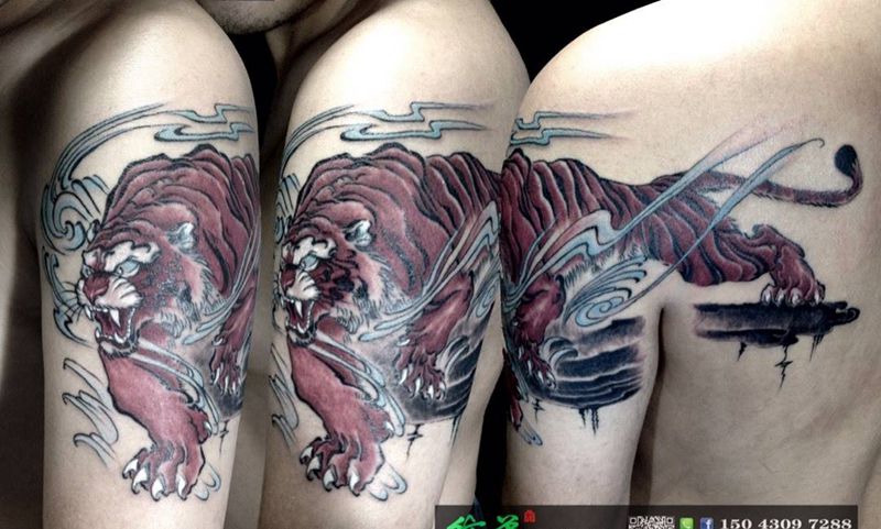 跳涧虎纹身图片_成品肩部手臂传统动物纹身图案