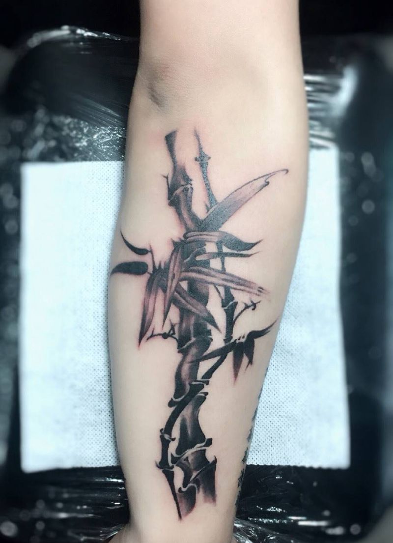 竹子纹身图片_成品手臂传统国画植物纹身图案