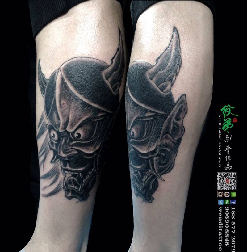 般若纹身图片_成品腿部传统肖像鬼神纹身图案