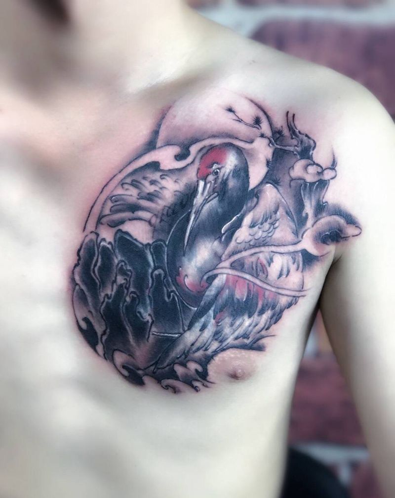 遮盖老式狼头.仙鹤纹身图片