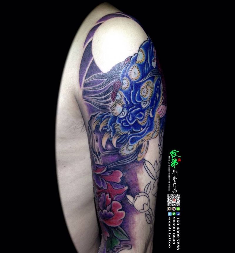 彩色花臂纹身图片_手臂传统图腾鬼神动物植物纹身图案