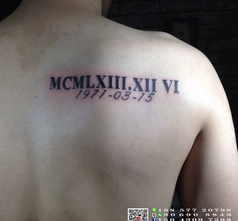 罗马数字纹身图片_成品背部肩部清新字符纹身图案