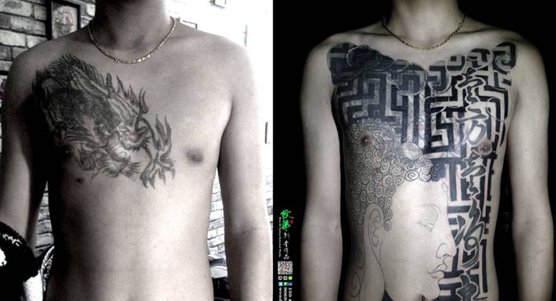 遮盖进行中……纹身图片_胸部腹部传统肖像人物几何字符图腾原创纹身图案