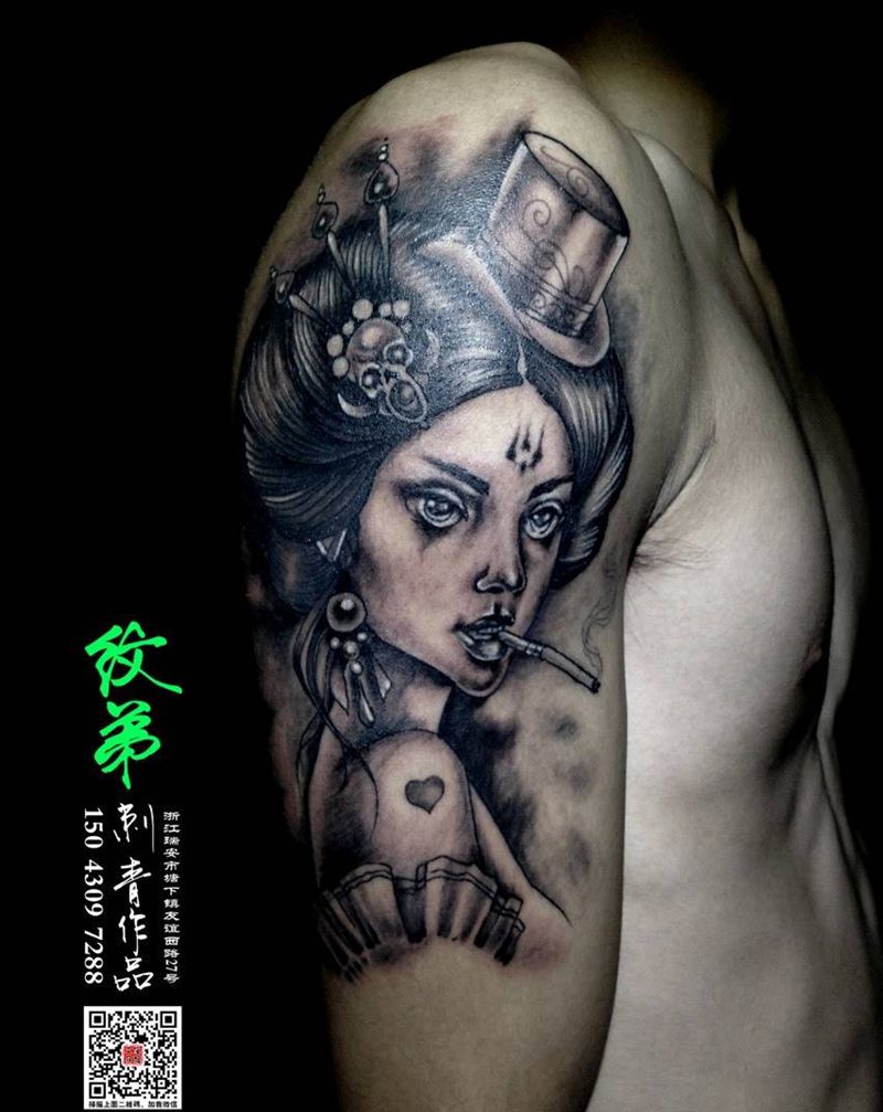 妓纹身图片_成品手臂传统人物纹身图案