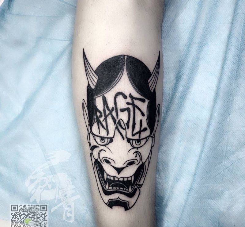 般若纹身图片_成品腿部传统鬼神纹身图案
