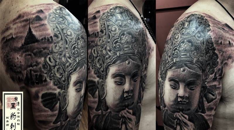 文殊菩萨纹身图片_成品原创传统人物手臂纹身图案
