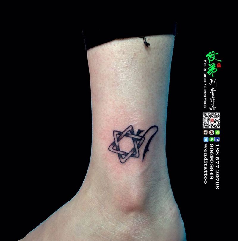 六芒星纹身图片_成品腿部脚部清新几何图腾纹身图案