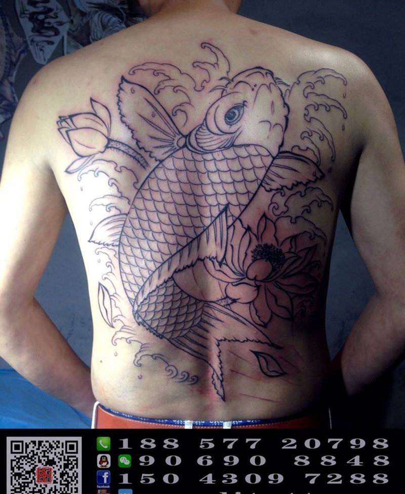 跃鲤纹身图片_成品背部传统动物原创纹身图案