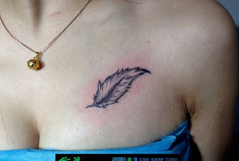 羽毛纹身图片_成品胸部清新动物纹身图案
