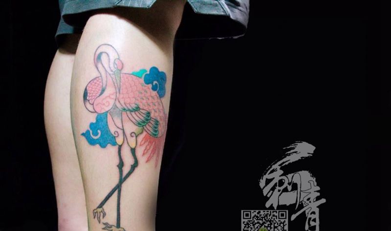 鹤纹身图片_手稿插画腿部传统动物纹身图案