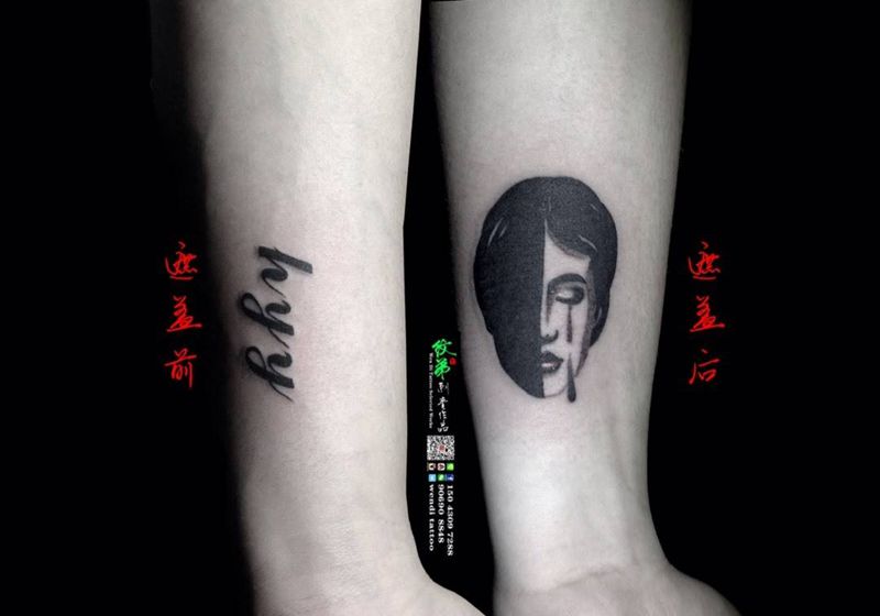 遮盖前女友纹身图片_成品手臂清新人物纹身图案