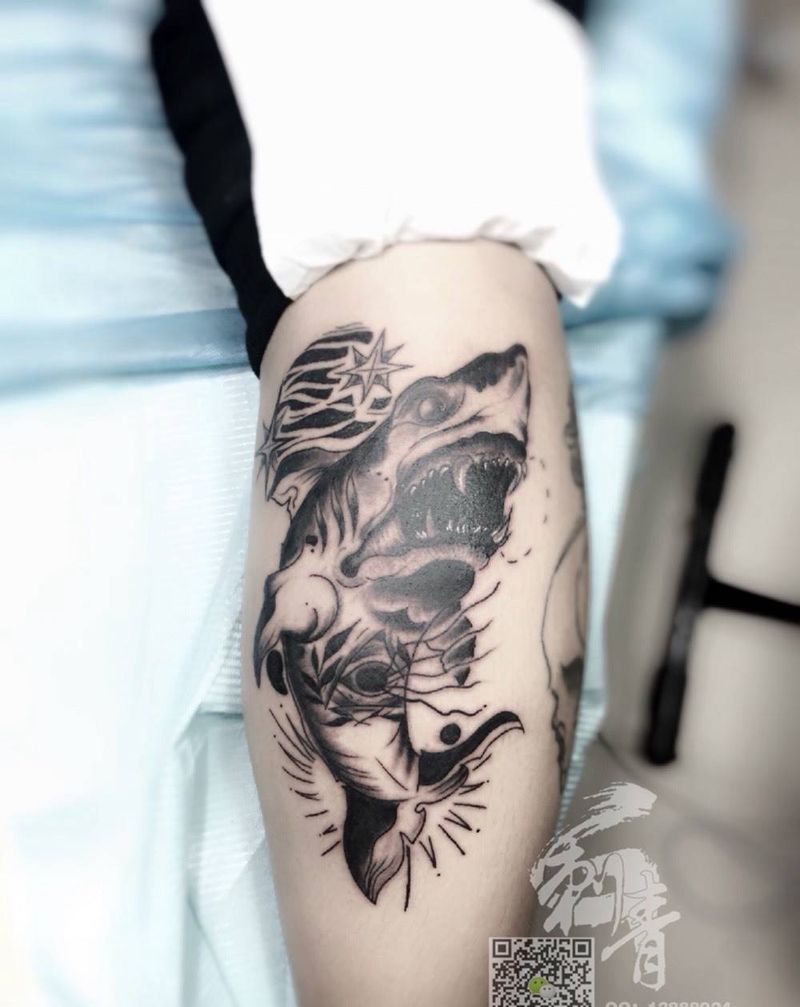 鲨鱼纹身图片_成品腿部欧美动物纹身图案