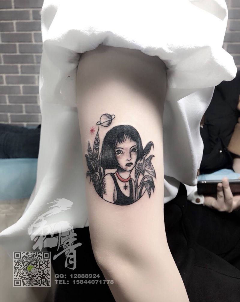 美女纹身图片_成品手臂传统欧美清新人物植物纹身图案