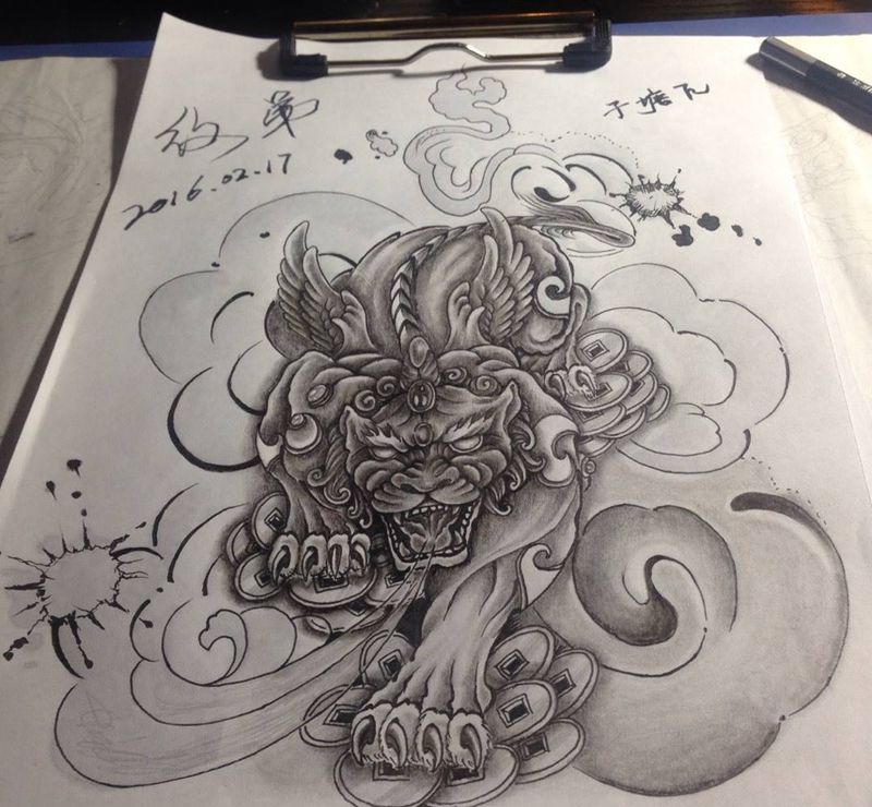 招财貔貅纹身图片_手稿传统动物纹身图案