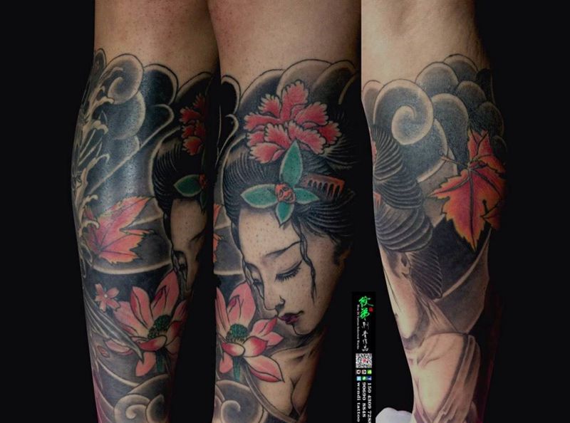 包小腿恢复后纹身图片_成品腿部传统人物纹身图案