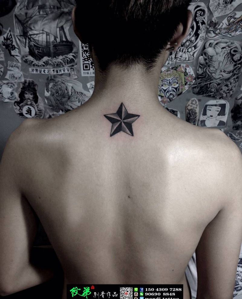 五星纹身图片_成品颈部背部清新几何图腾纹身图案
