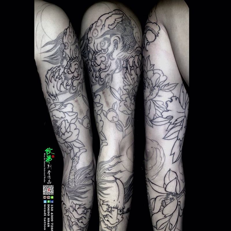 花 臂  割线纹身图片_肩部手臂传统动物鬼神纹身图案