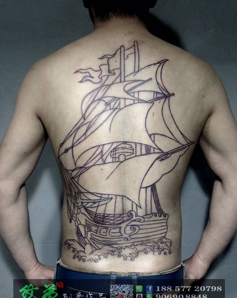 一帆风顺纹身图片_插画背部欧美纹身图案