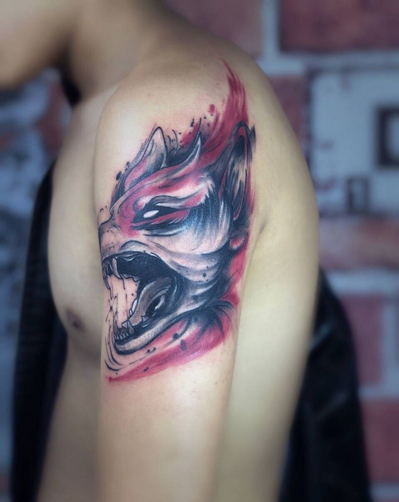 水彩狼纹身图片