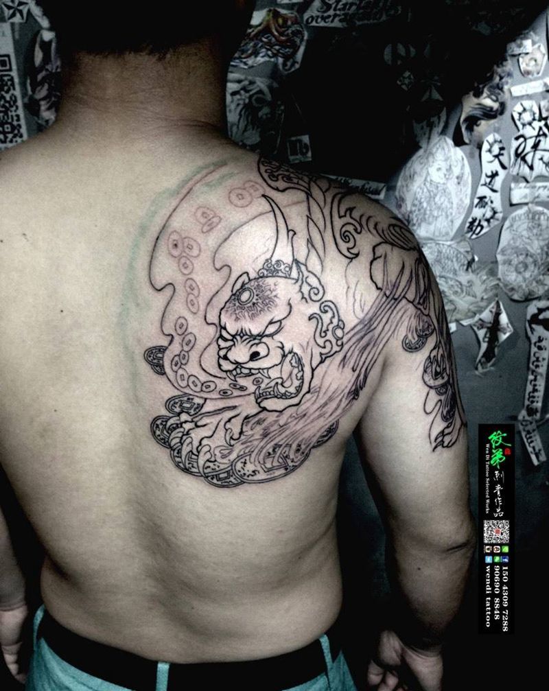 貔貅半甲进行中……纹身图片_肩部手臂背部传统鬼神动物纹身图案