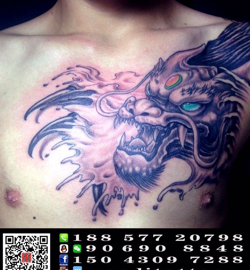 过江龙纹身图片_成品胸部肩部手臂欧美动物纹身图案