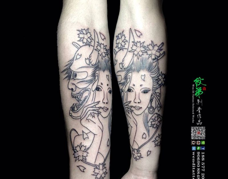 戴般若面具的艺妓纹身图片_手臂传统人物鬼神纹身图案