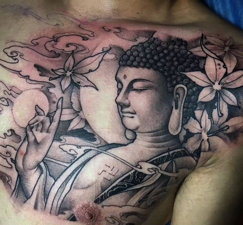 佛法无边纹身图片_胸部新传统佛如来花胸纹身图案