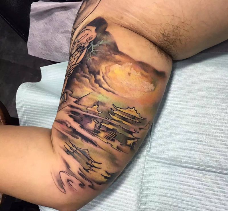 天宫场景纹身图片_手臂新传统天庭云雾场景纹身图案