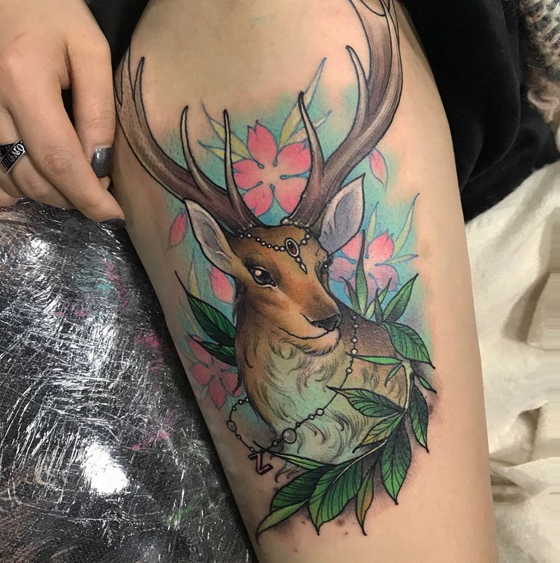 鹿纹身图片_腿部New School鹿麋鹿美腿纹身图案