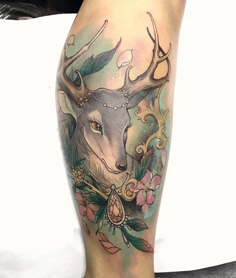灵鹿纹身图片_腿部New School遮盖鹿newschool纹身图案