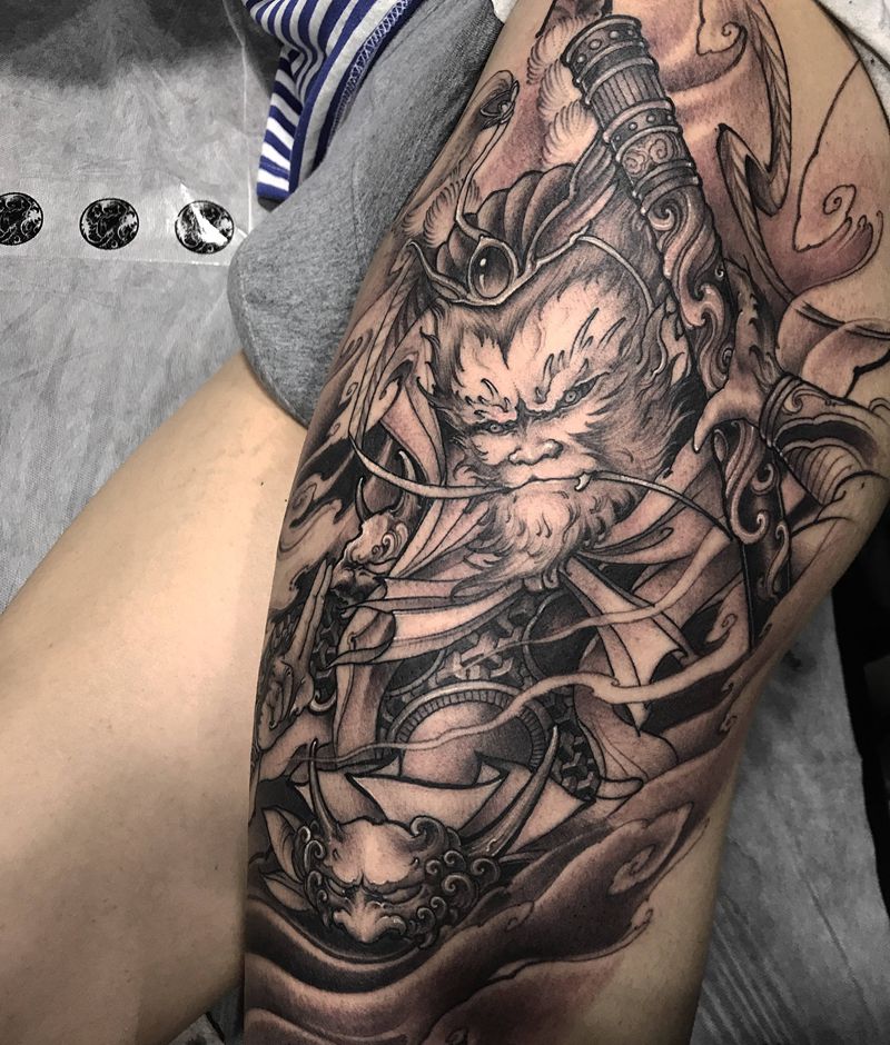 齐天大圣纹身图片_腿部新传统孙悟空齐天大圣美猴王纹身图案