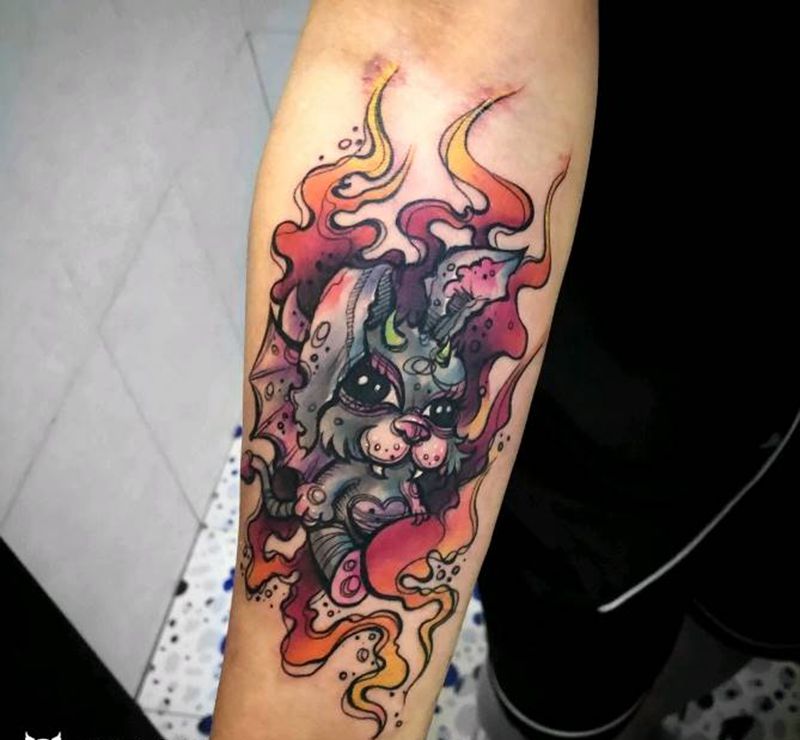 原创设计。火焰兔纹身图片_手臂New School水彩纹身图案