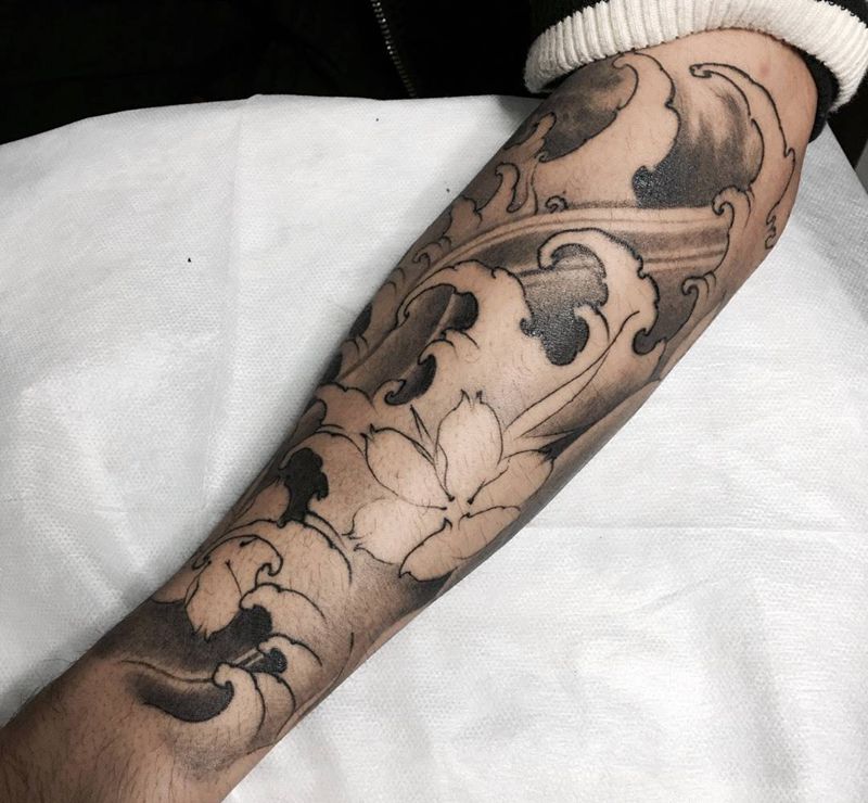 浪臂恢复后效果纹身图片_成品手臂传统字符静物植物原创几何纹身图案