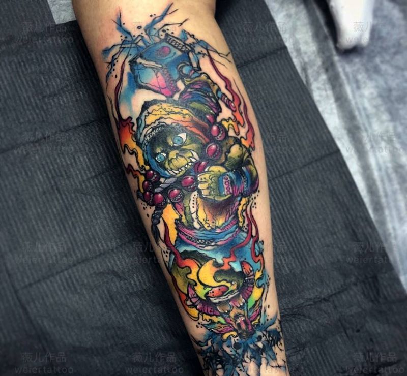 遮盖作品纹身图片_腿部New School水彩纹身图案