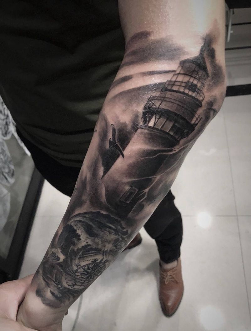 灯塔纹身图片_成品手臂欧美静物纹身图案