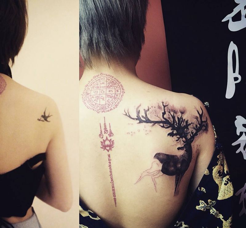 遮盖水墨鹿纹身图片