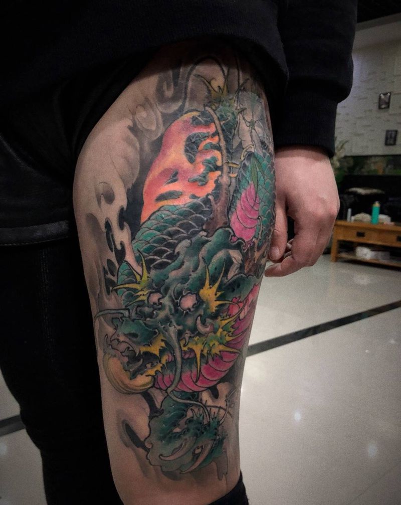 龙纹身图片_成品腿部传统动物纹身图案