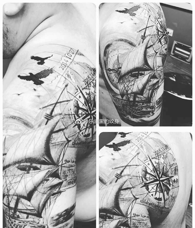 帆船半甲半成品纹身图片