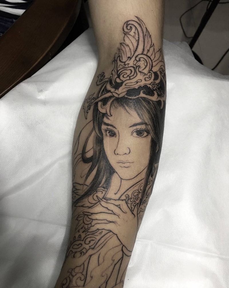 小臂纹身图片_成品手臂传统人物纹身图案